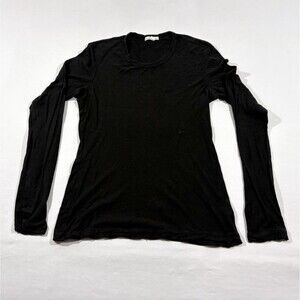 James Perse Womens Black Sheer Slub Long Sleeve Supima Cotton Crew Sz 2 M USA